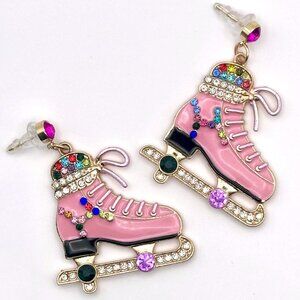 Whimsical Winter Pink Ice Skates Sparkly Bling Multicolor Rhinestone Earrings